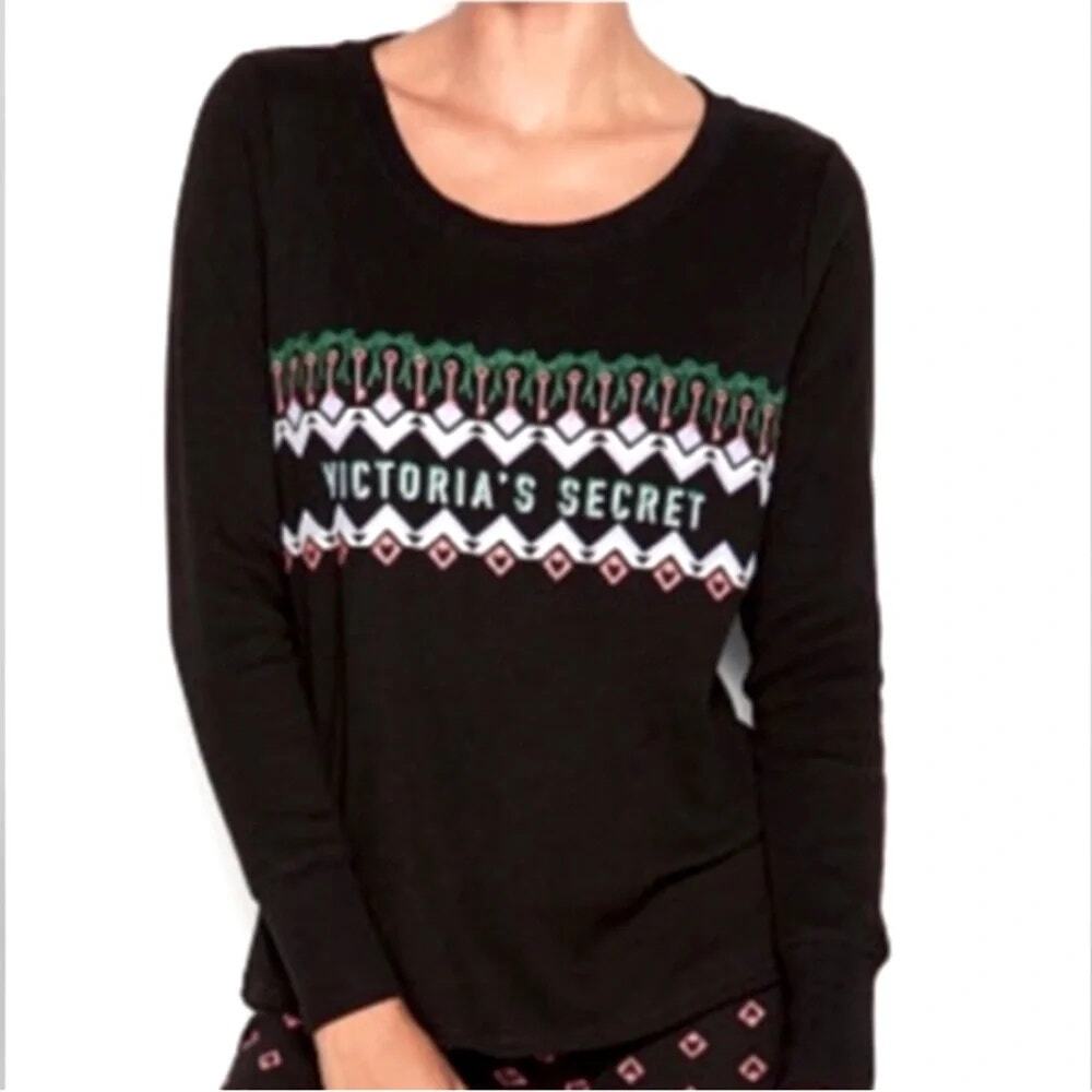 Victoria's Secret Black Thermal Graphic Long Sleeve Pajama Top Women's Size XS